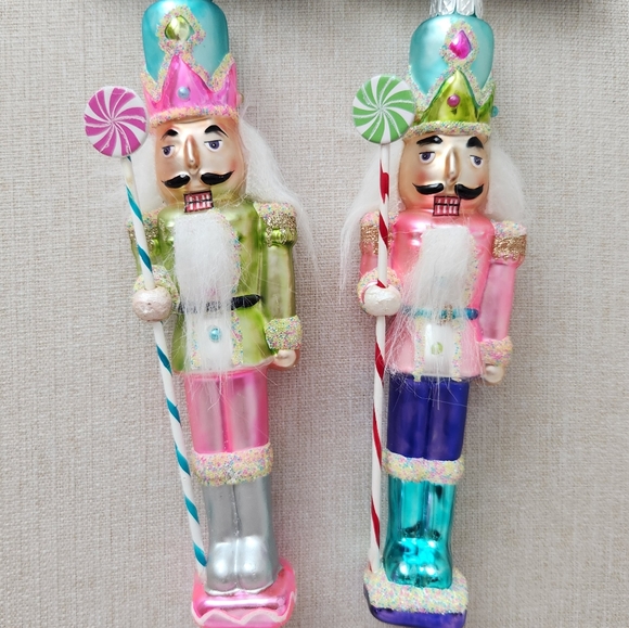 Candy Nutcracker Glass Ornaments - Set of 2 - Pink Blue Candyland Christmas - Picture 1 of 9